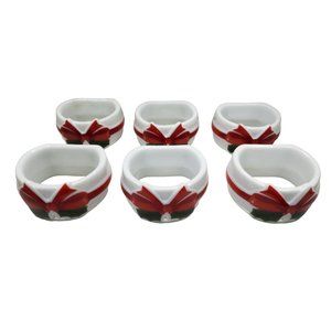 vintage set of 6 porcelain mount clemens ribbon & holly christmas napkin rings.